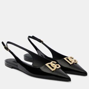 Dolce & Gabbana Lollo DG Logo Patent Leather Slingback Flat Sandals Shoes